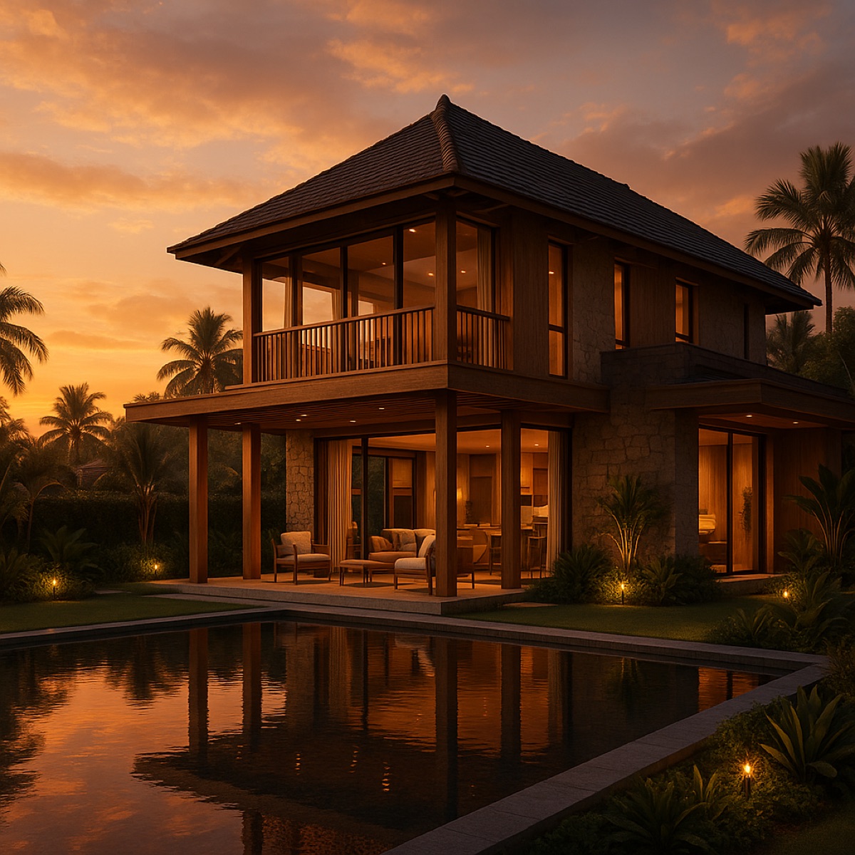 Lombok villa for sale — exterior at sunset, pre-construction investment property