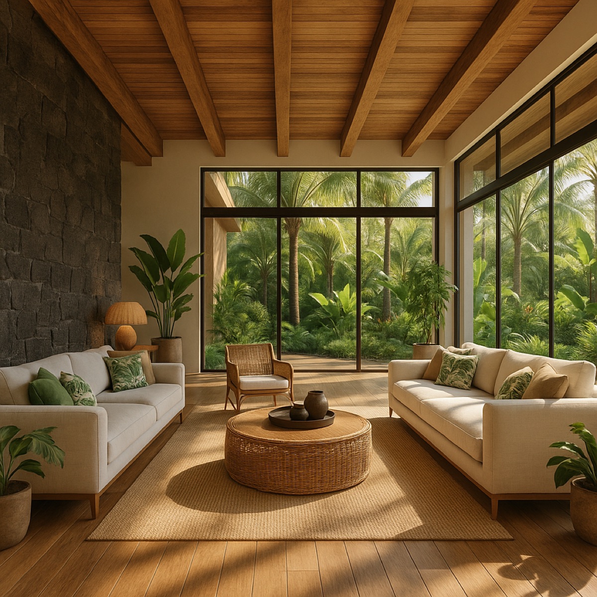 Modern tropical villa interior Lombok — open plan living with ocean views